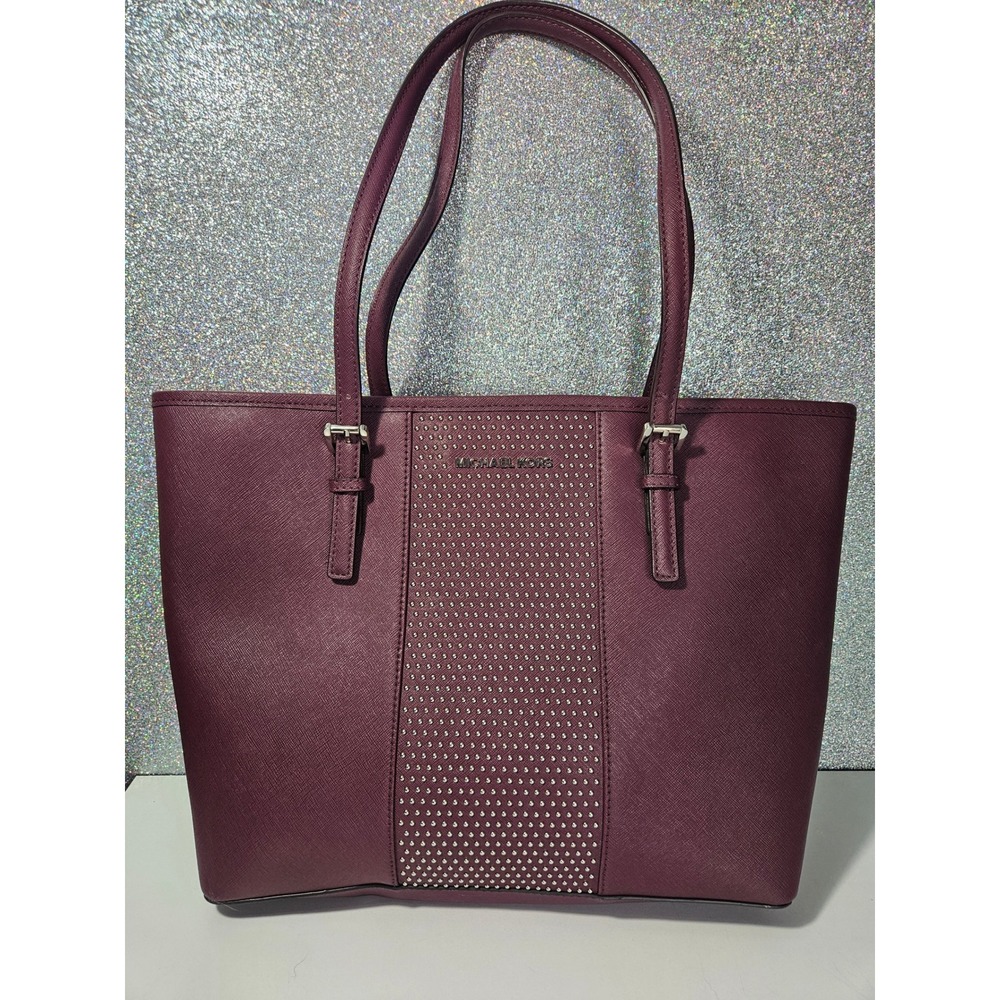 MICHAEL KORS Jet Set Travel Plum Saffiano Leather MicroStud Tote Bag‎ Burgundy